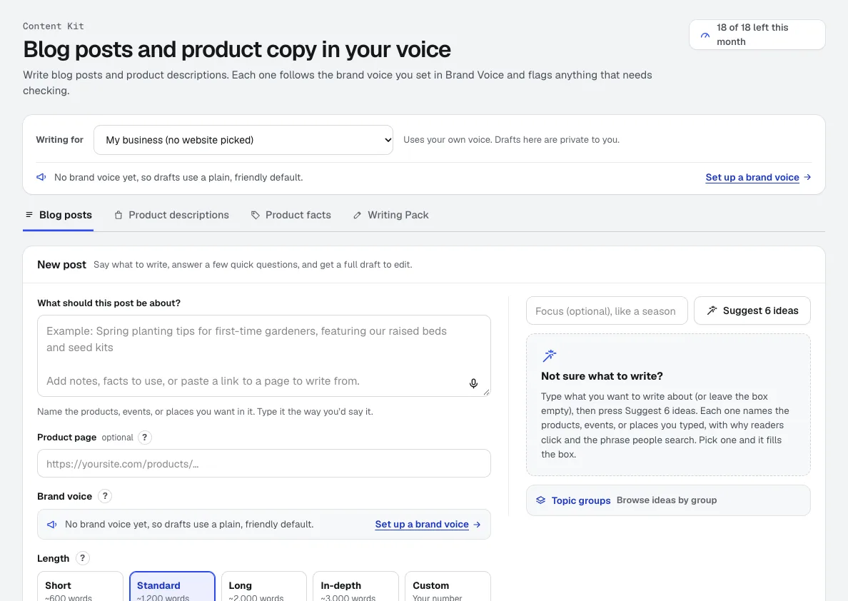 Content Kit's new blog post form: what the post is about, an optional product page, brand voice, length choices, and a Suggest 6 ideas helper