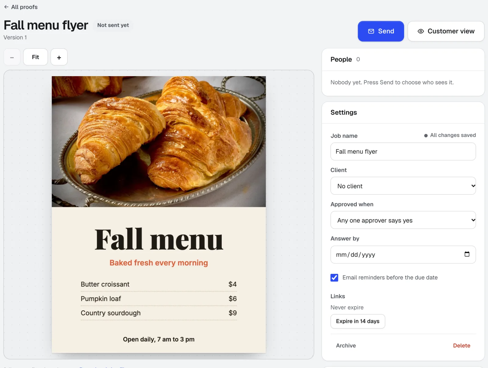 Customer Proofs with a Fall menu flyer ready to send: the flyer at full size, zoom controls, Send and Customer view, and settings for who approves and when it is due