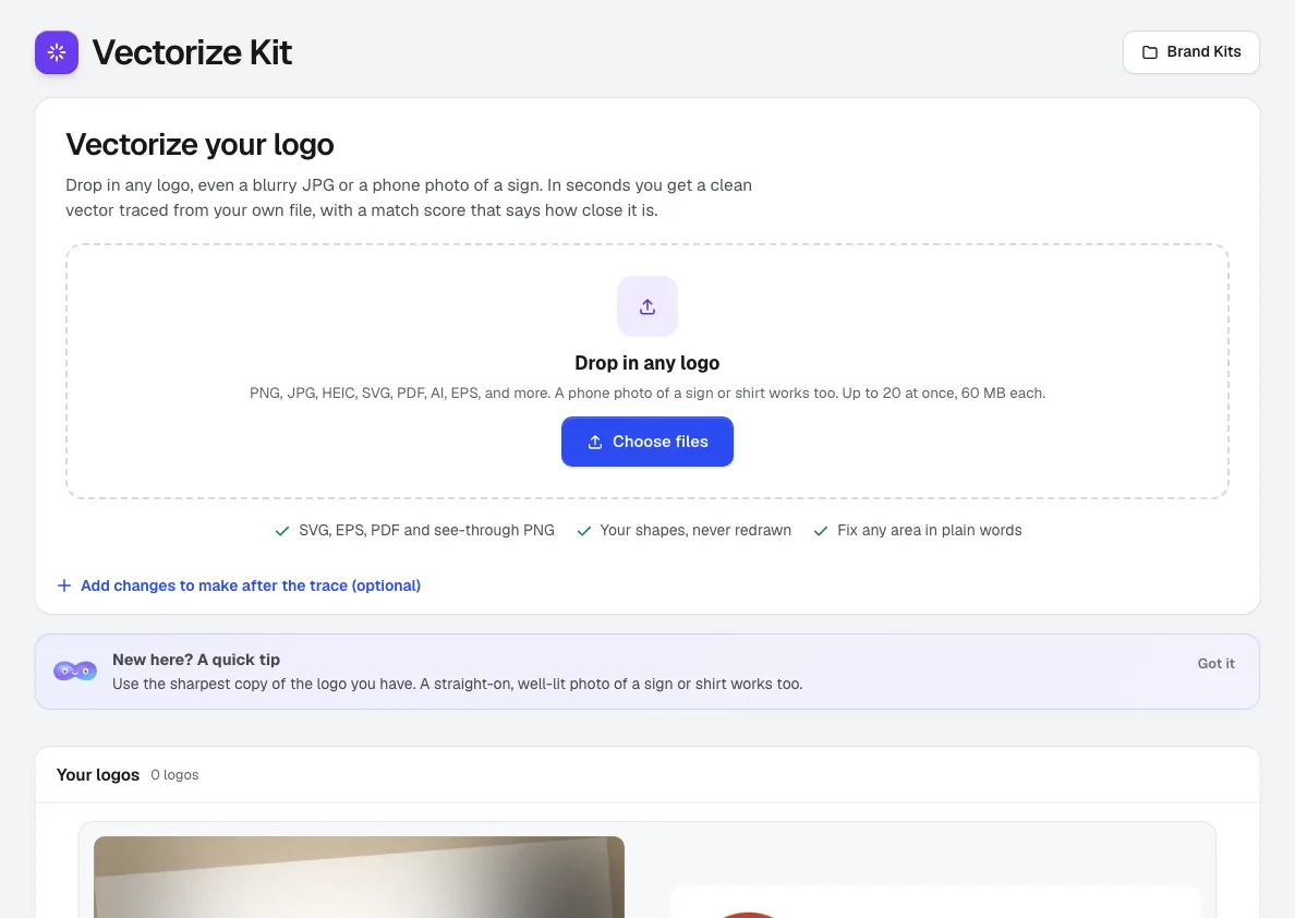 Vectorize Kit: Vectorize your logo, a large drop area with Choose files, and SVG, EPS, PDF and see-through PNG