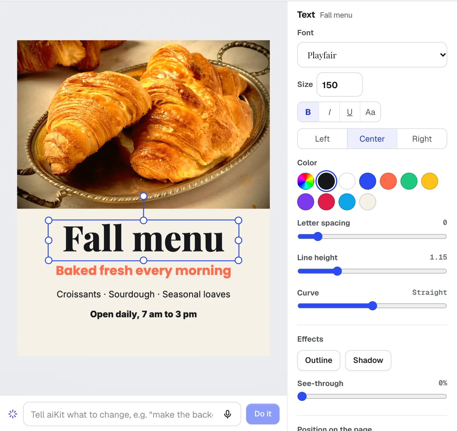 Magic Canvas with a finished social post: a croissant photo with a warm color look, the headline Fall menu, a subheading and opening hours, beside the photo settings panel