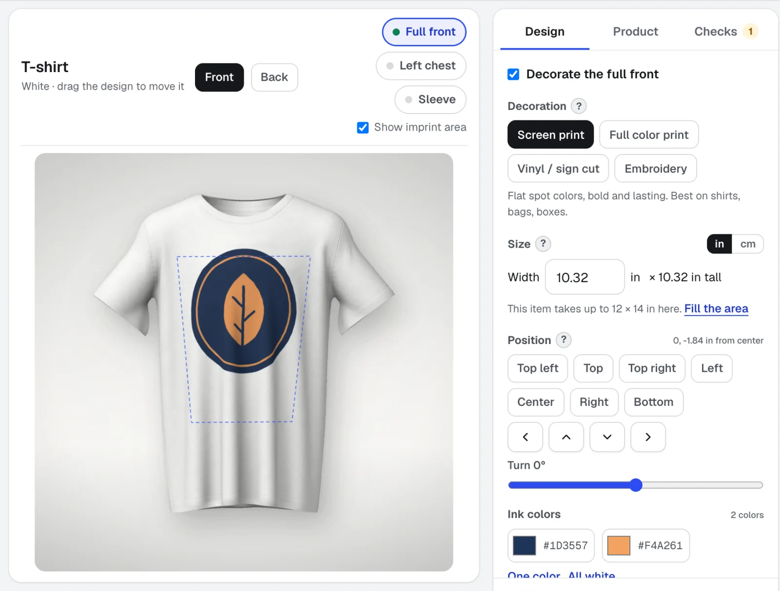 Mockup Studio with a round leaf logo placed on a white T-shirt: full front, left chest and sleeve areas, screen print chosen, the printed width in inches and the ink colors