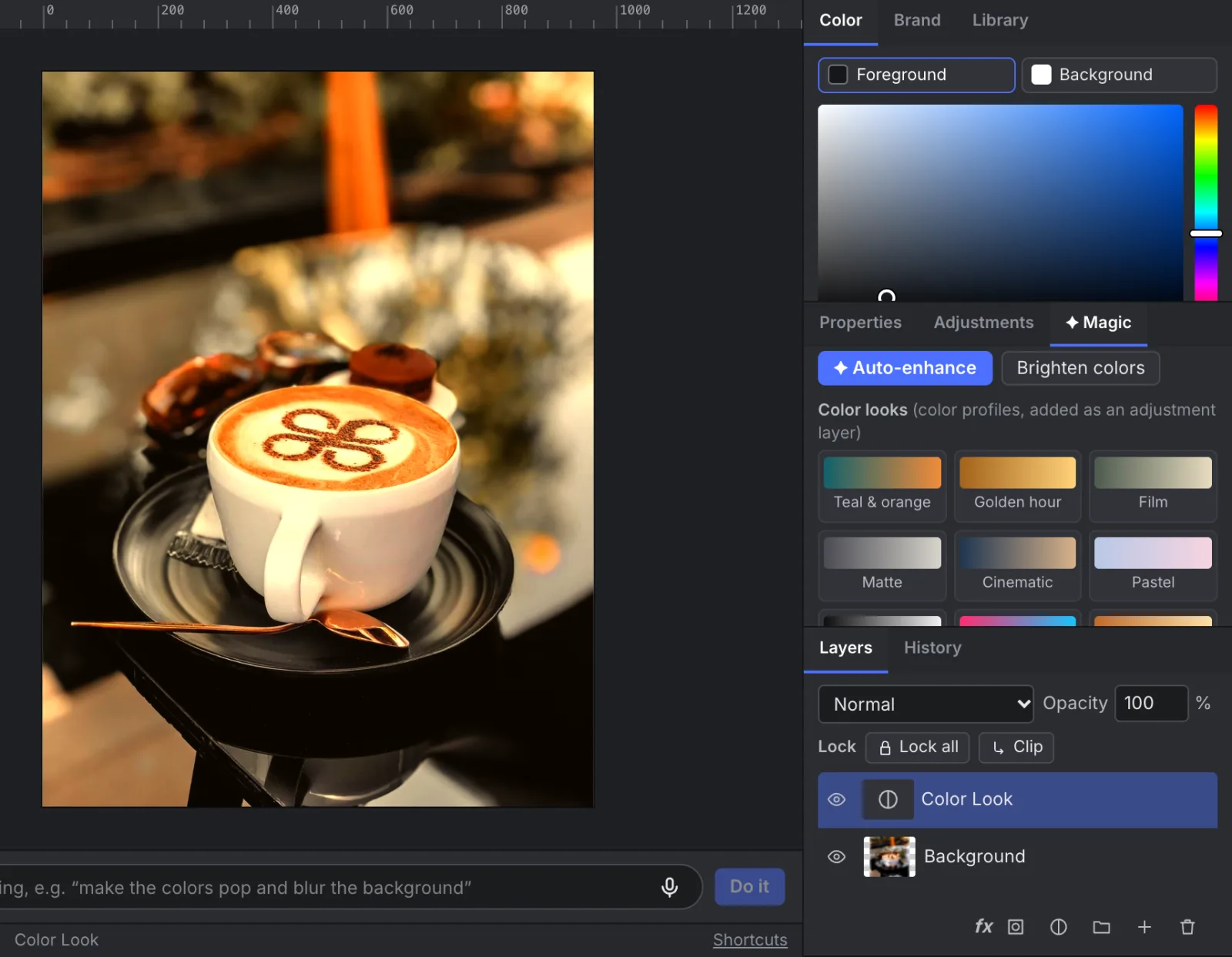 Pro Designer with a coffee photo open: the Golden hour color look and Auto-enhance applied on the device, with Color looks, Subject and Smart fixes in the Magic panel