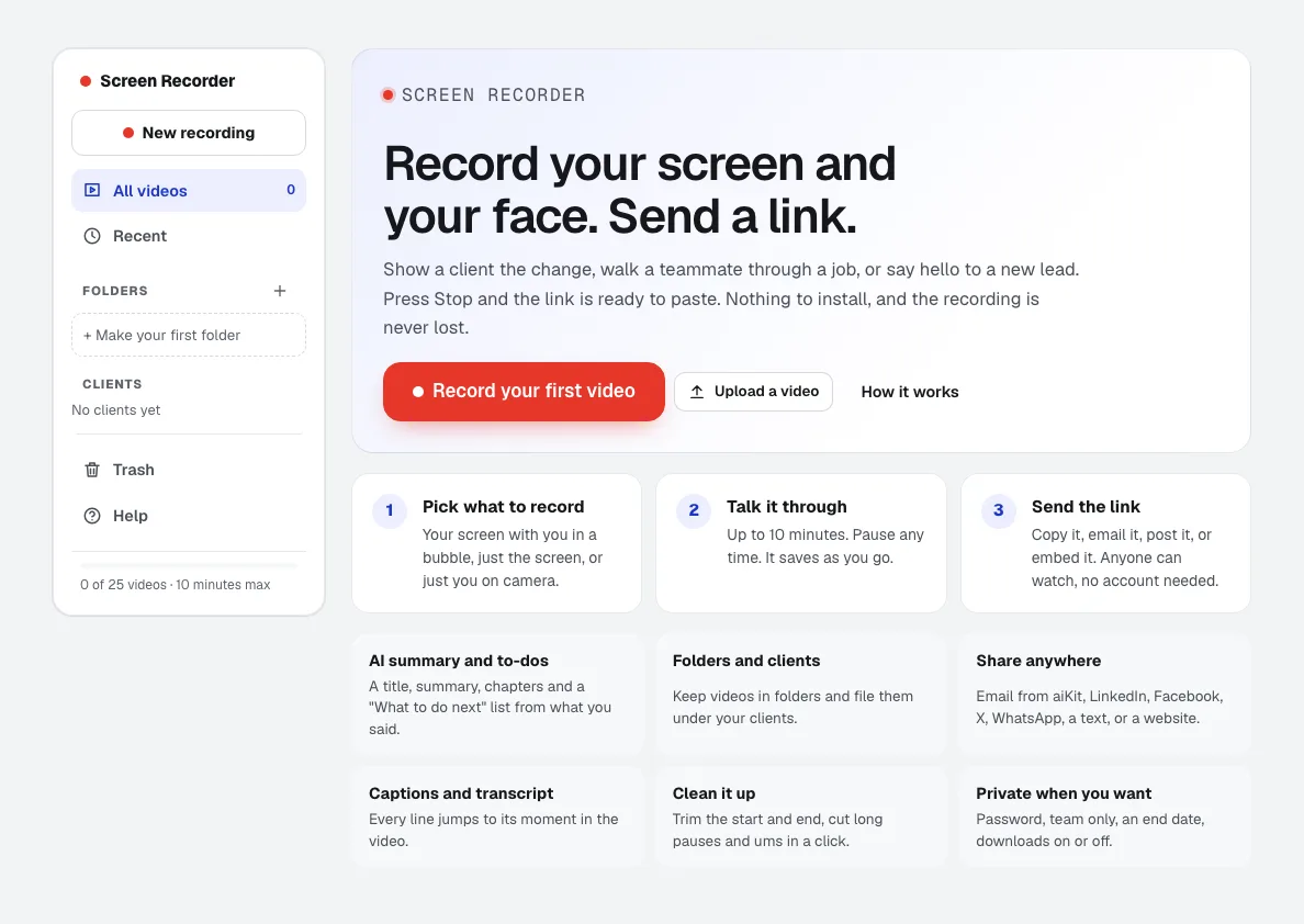 Screen Recorder: record your screen and face, then send a link, with folders, clients and captions