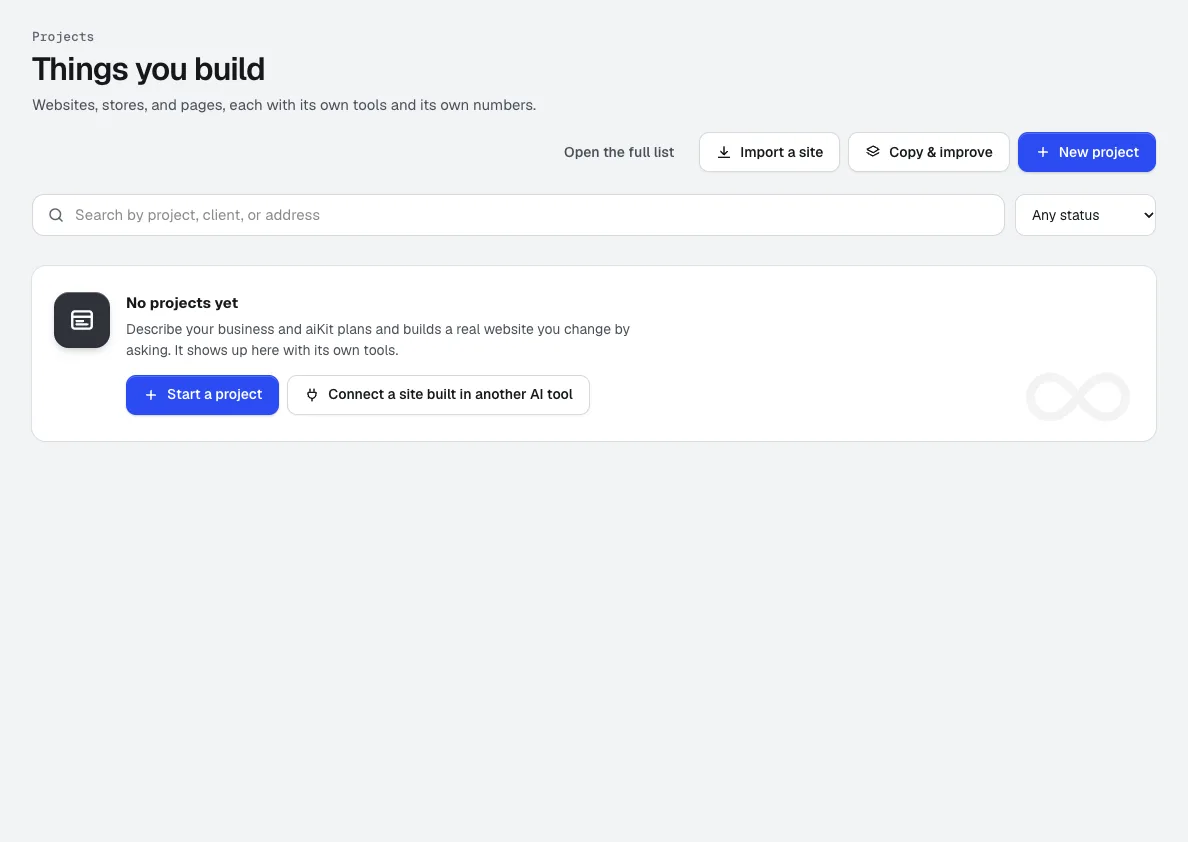 Projects list, ready for the first site: start a project, import a site, or copy and improve one