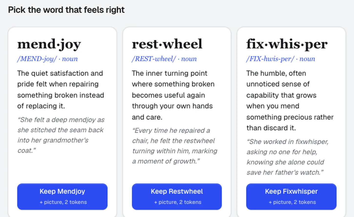 Word Kit offering three new words for one idea, each with its pronunciation, definition, example and a Keep button