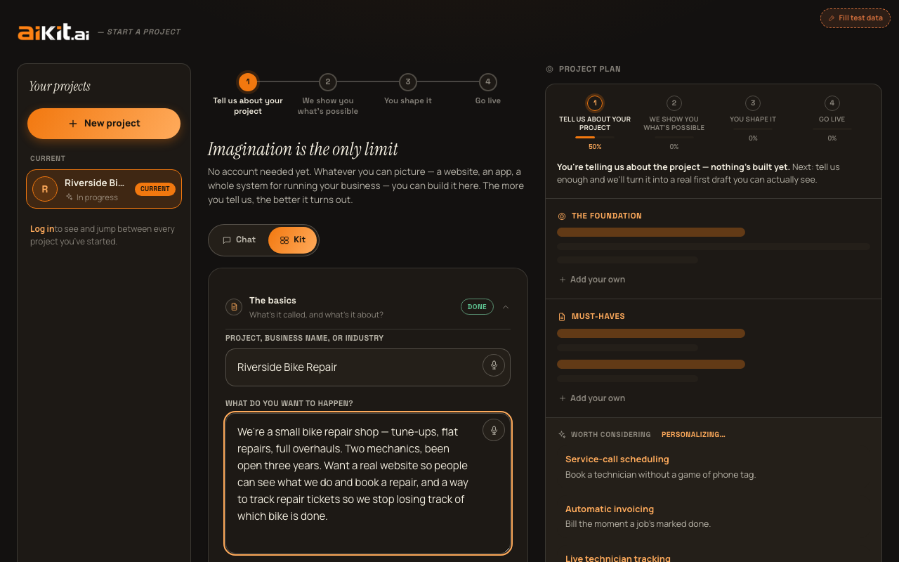 Form mode's "The basics" section filled in, with the Project Plan panel on the right personalizing in real time.
