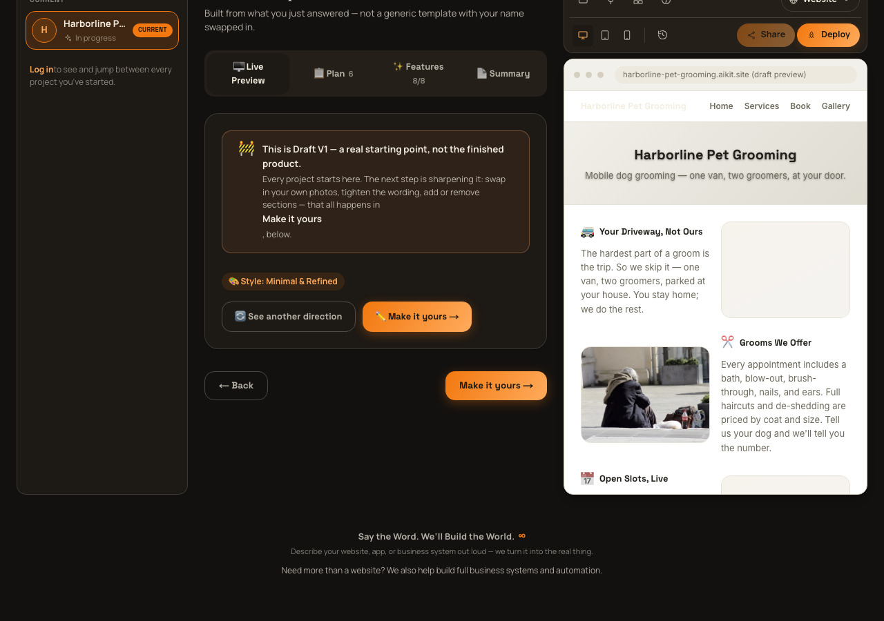 A real first draft open on the Live Preview tab — the Draft V1 banner, style tag, and the actual generated site rendered alongside it.