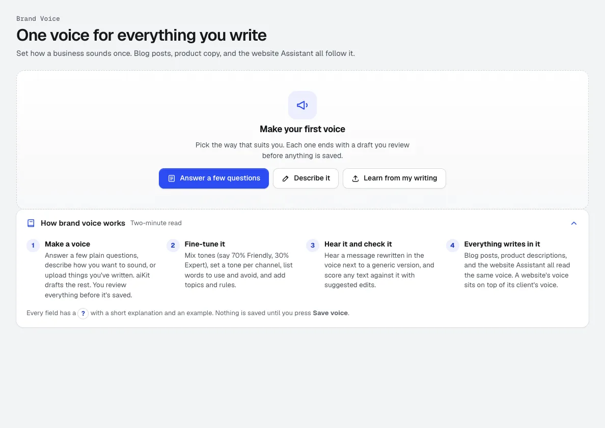 Brand Voice: vytvořte první hlas odpovědí na několik otázek, popisem nebo učením z vašich textů, s vysvětlením, jak Brand Voice funguje ve čtyřech krocích