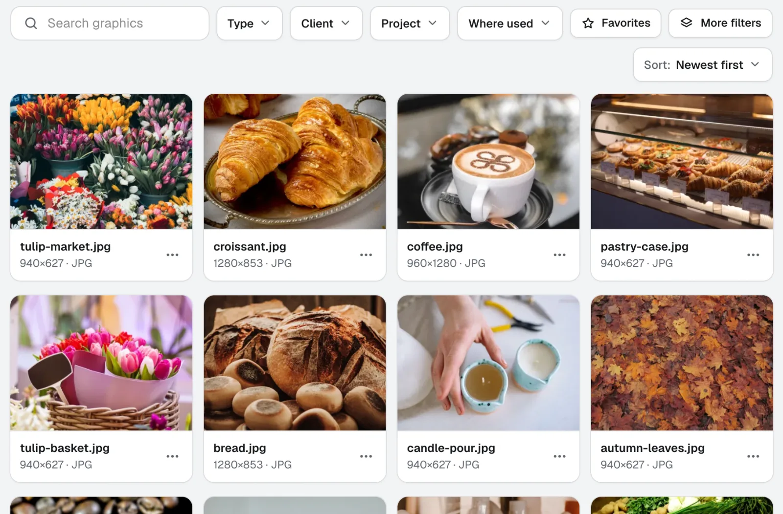 Graphics Library with uploaded photos of tulips, croissants, coffee, a pastry case, bread and fall leaves, with search, type, client, project and where-used filters