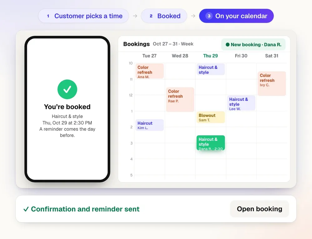 A customer picking a service, day and time on a salon's booking page, and the booking landing on the owner's week calendar
