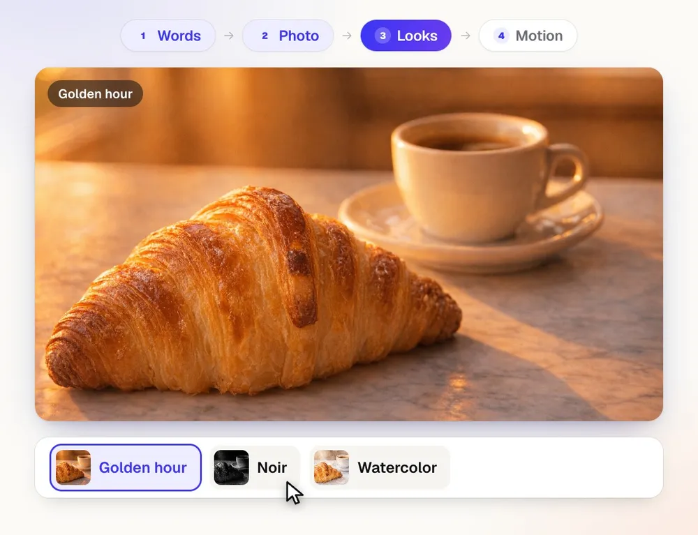 Photo Studio turning the words "A croissant and espresso on marble, morning light" into a real photo, switching it through the Golden hour, Noir and Watercolor looks, then bringing the same photo to life with rising steam