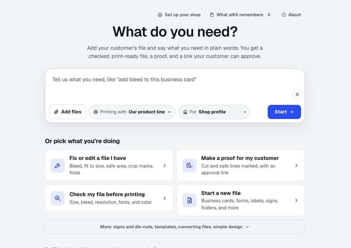Prepress Studio: say what you need in plain words, add files, pick the printing setup, or choose Fix a file, Make a proof, Check a file, or Start a new file