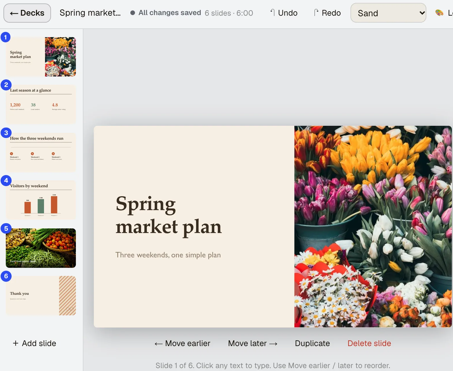 Presentation Builder open on a six-slide deck called Spring market plan: a title slide with a tulip photo, a stats slide, a timeline, a bar chart, a photo slide and a closing slide
