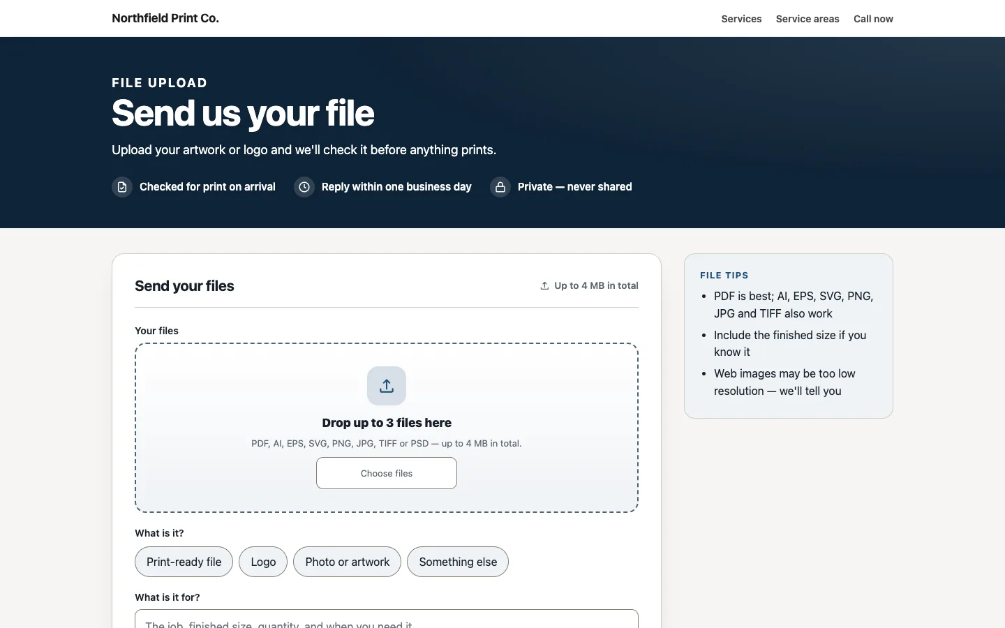 A website's Send us your file page: drop up to 3 print files, say what they are, with each file checked for print on arrival