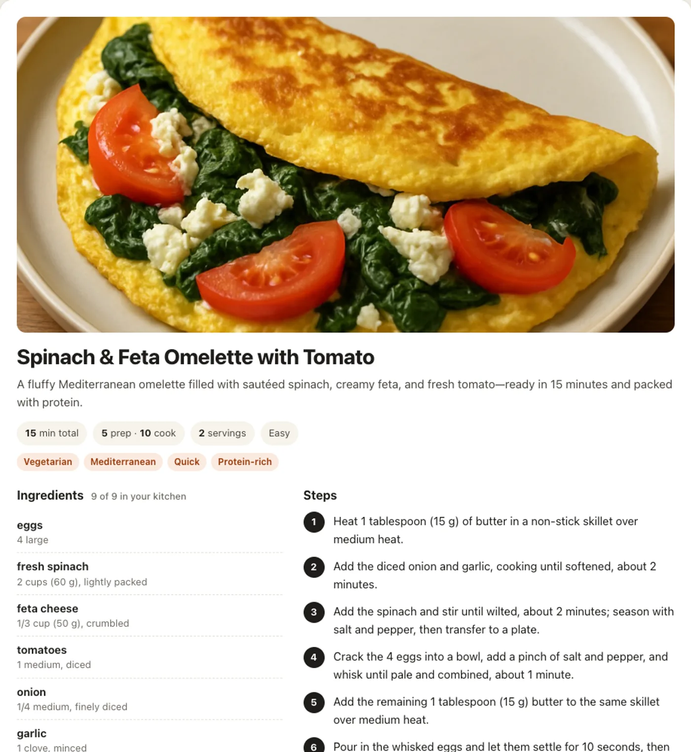 Recipe Maker full recipe: a spinach and feta omelette with its dish picture, times, servings, diet tags, ingredients marked in your kitchen, and numbered steps