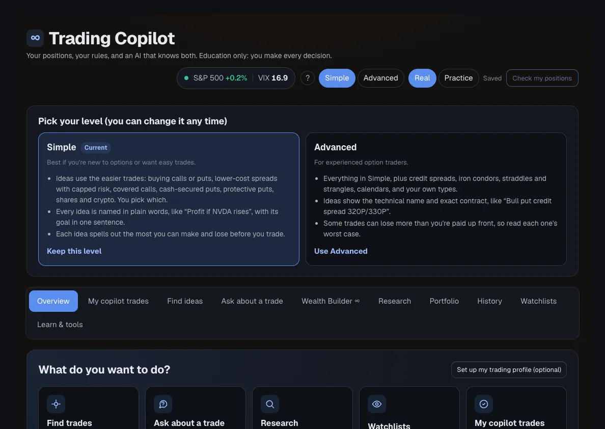 Trading Copilot: vyberte Jednoduchý nebo Pokročilý, přepínejte mezi skutečným a praktickým režimem a otevírejte nápady na obchody, dotaz na obchod, výzkum, portfolio a seznamy sledovaných.