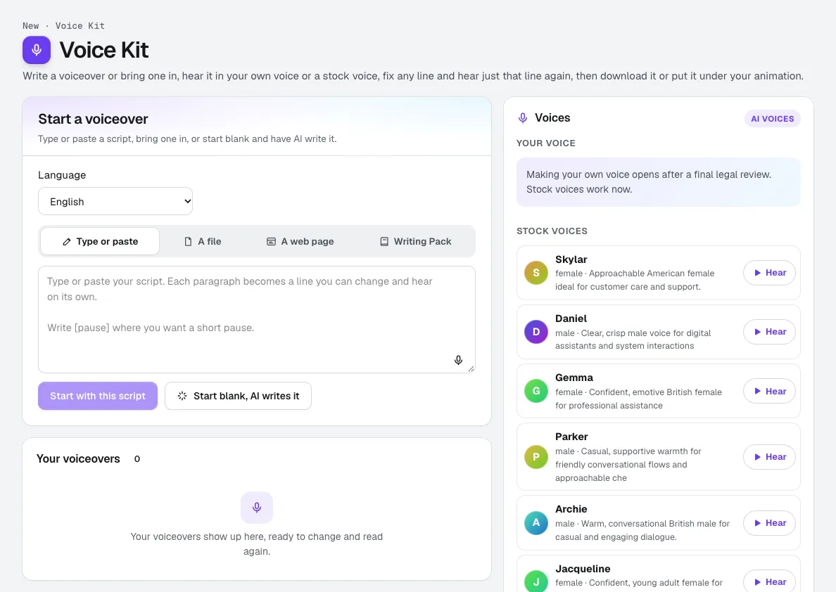 Voice Kit: yazarak, bir dosya, web sayfası veya Writing Pack ile seslendirme başlatın; seçmeden önce dinleyebileceğiniz hazır seslerin listesi