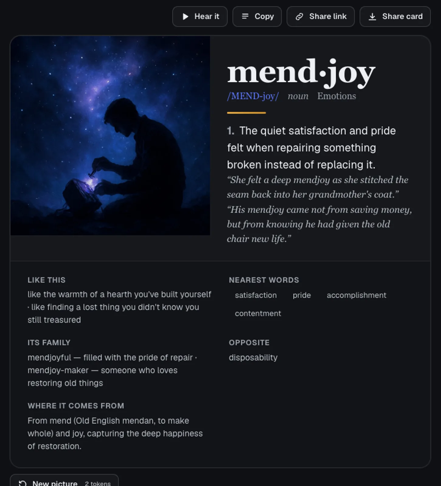 Word Kit showing a coined word, Mendjoy, with its painted picture, pronunciation, definition, examples, similes, nearest words, family and origin